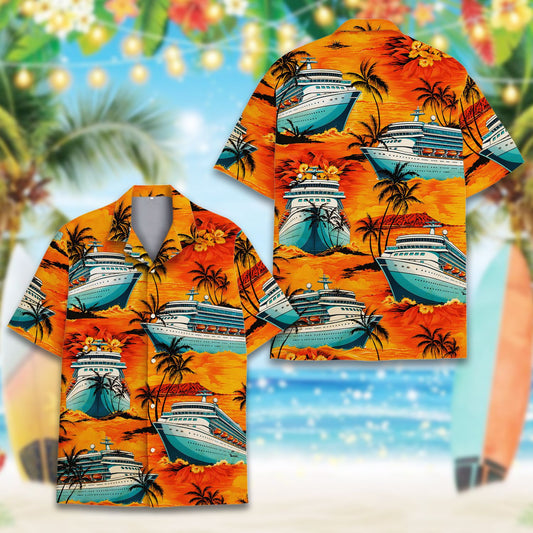 Vibrant cruise ship tropical hawaiian shirt displaying orange waves and palm trees
