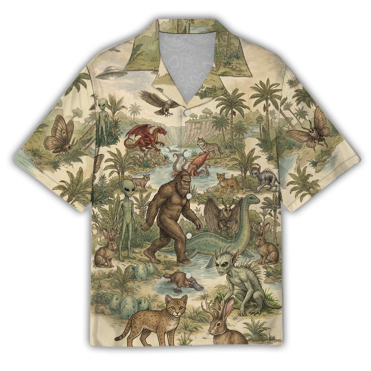 Front view of the beige cryptids hawaiian shirt featuring vintage-style mythical creatures