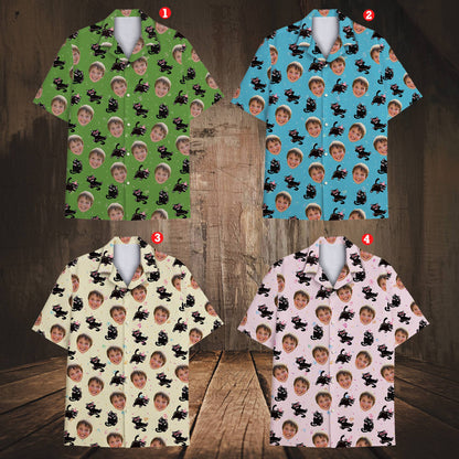 Light blue custom face cats hawaiian shirt with personal photo, front view