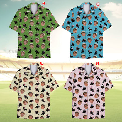 Beige custom photo matching family hawaiian shirt, front view