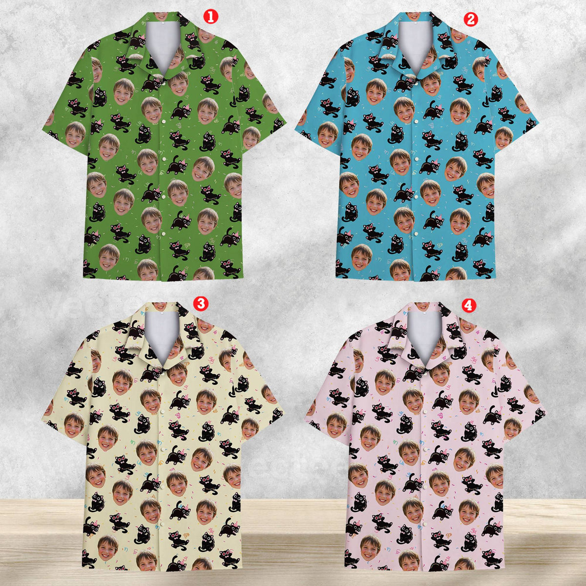 Green custom hawaiian shirt with face cats and custom photo, front view