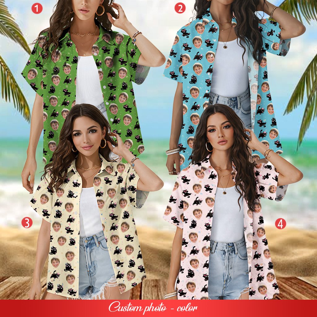 Lifestyle image of light blue face hawaiian shirt with custom photo