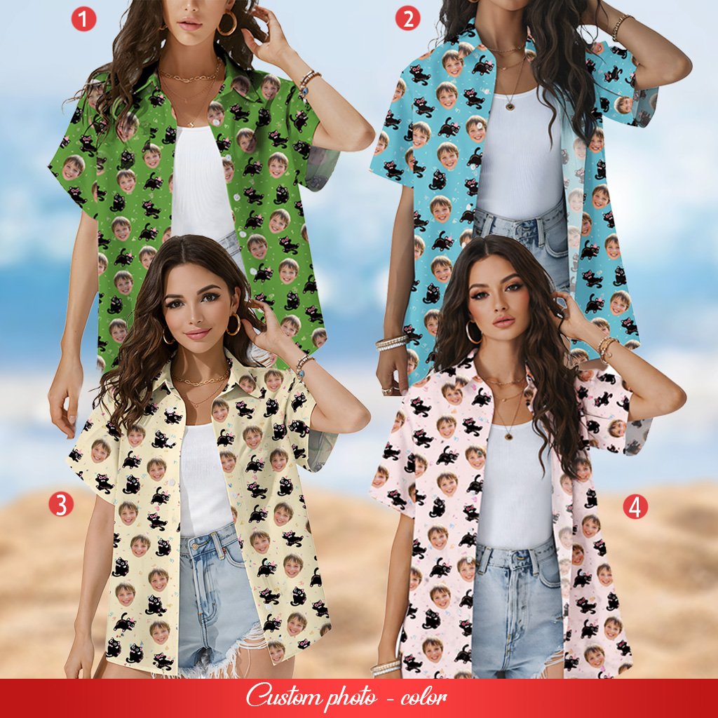 Lifestyle shot of beige matching family hawaiian shirts with custom faces