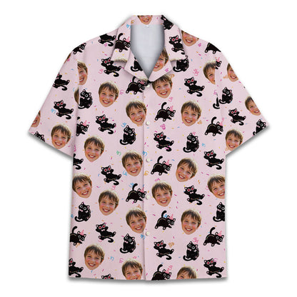 Personalized pink custom face cats matching family hawaiian shirt, front view