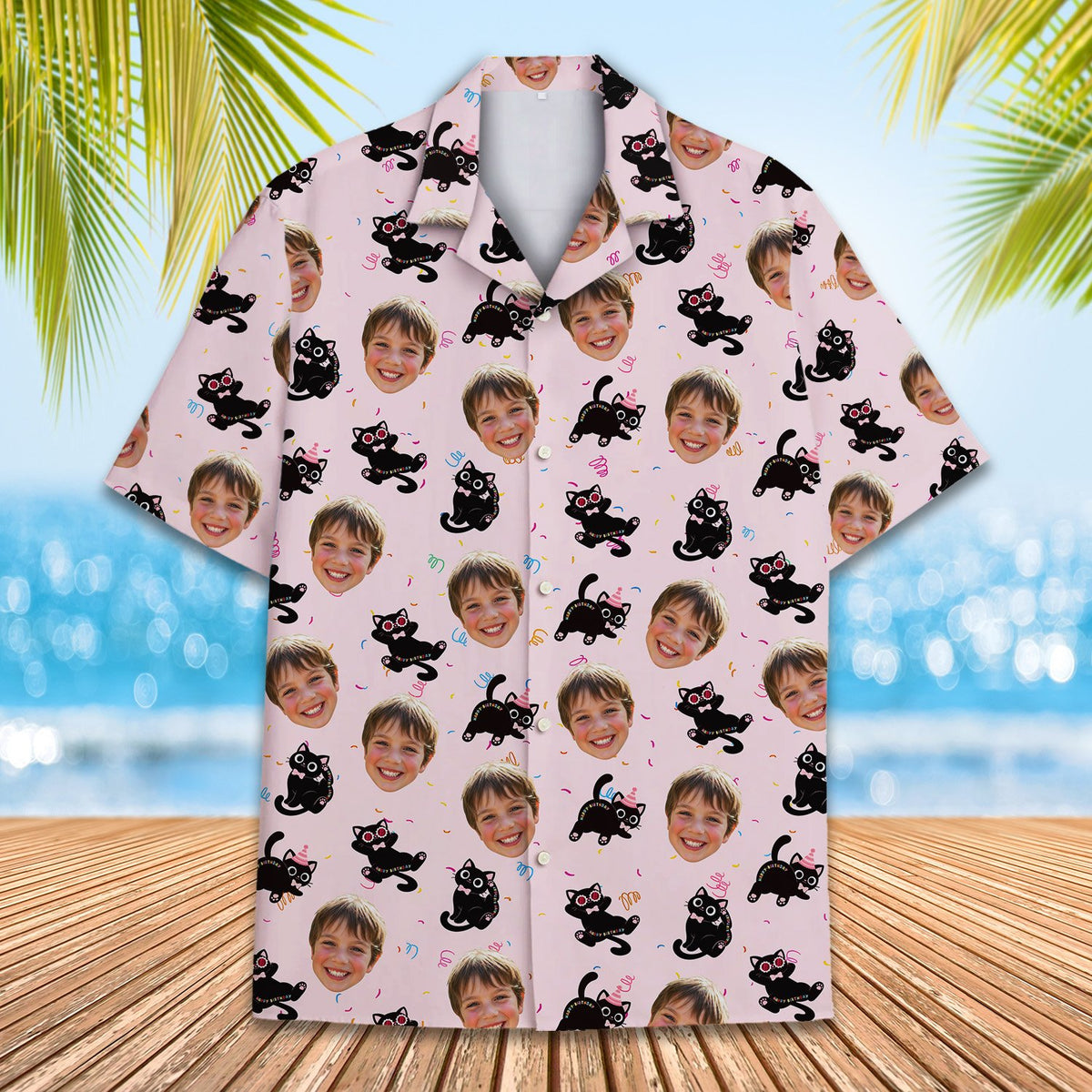 Another lifestyle view of personalized pink custom face cats hawaiian shirt