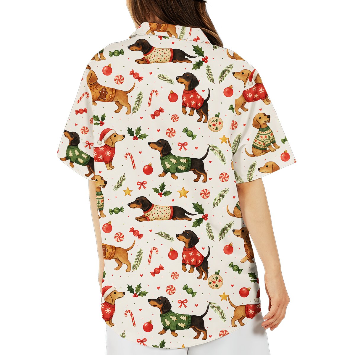 Another back view of the festive dachshund Hawaiian shirt
