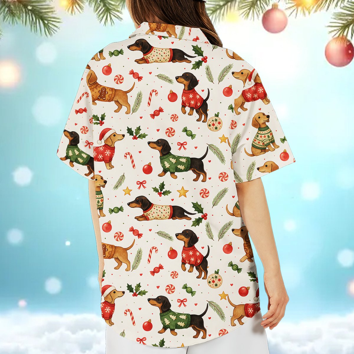 Additional back view of the holiday dachshund Hawaiian shirt