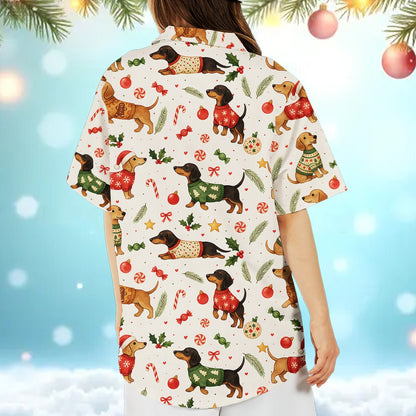Additional back view of the holiday dachshund Hawaiian shirt