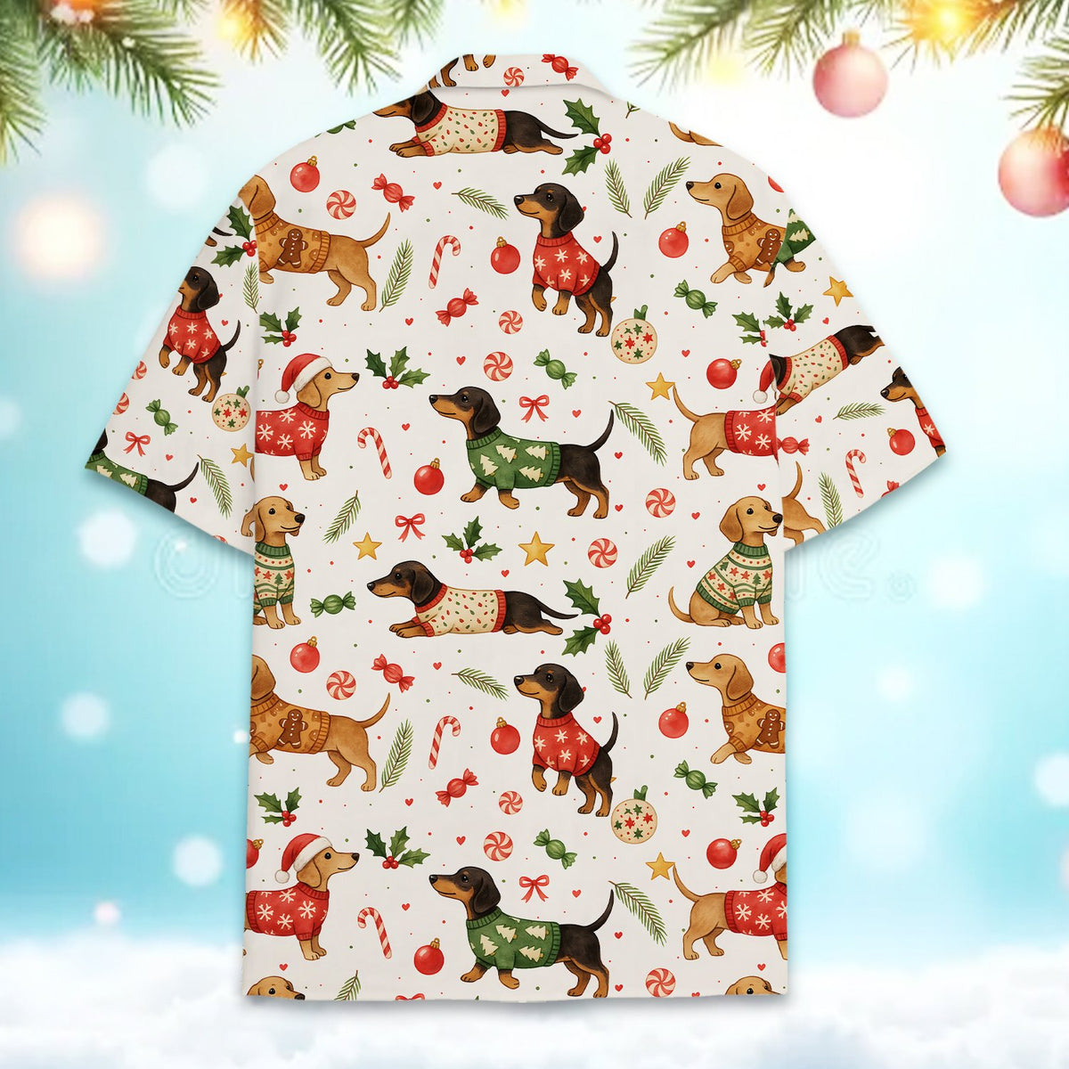 Back view of the matching family dachshund print Hawaiian shirt