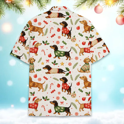 Back view of the matching family dachshund print Hawaiian shirt