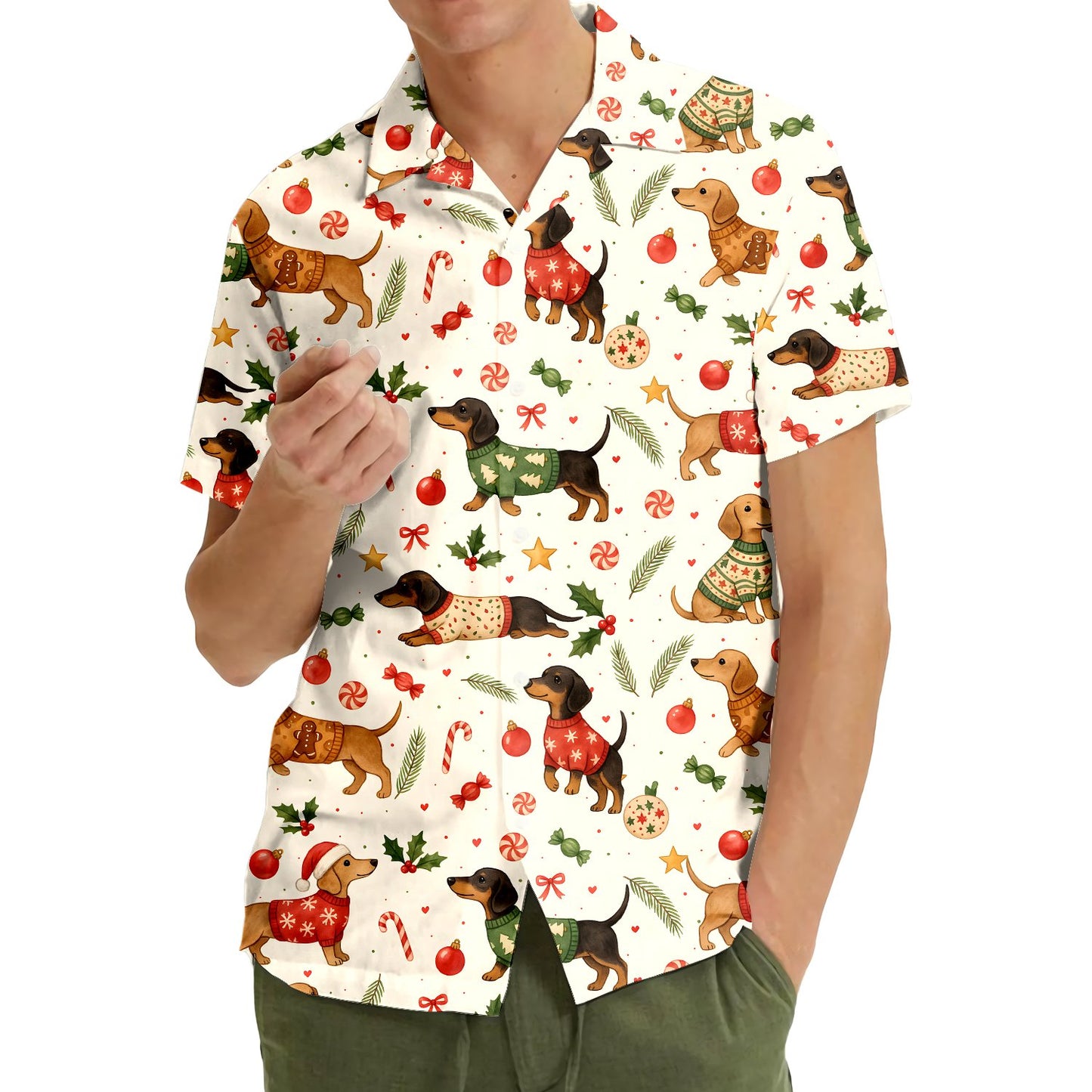 Another front view of the festive dachshund Hawaiian shirt
