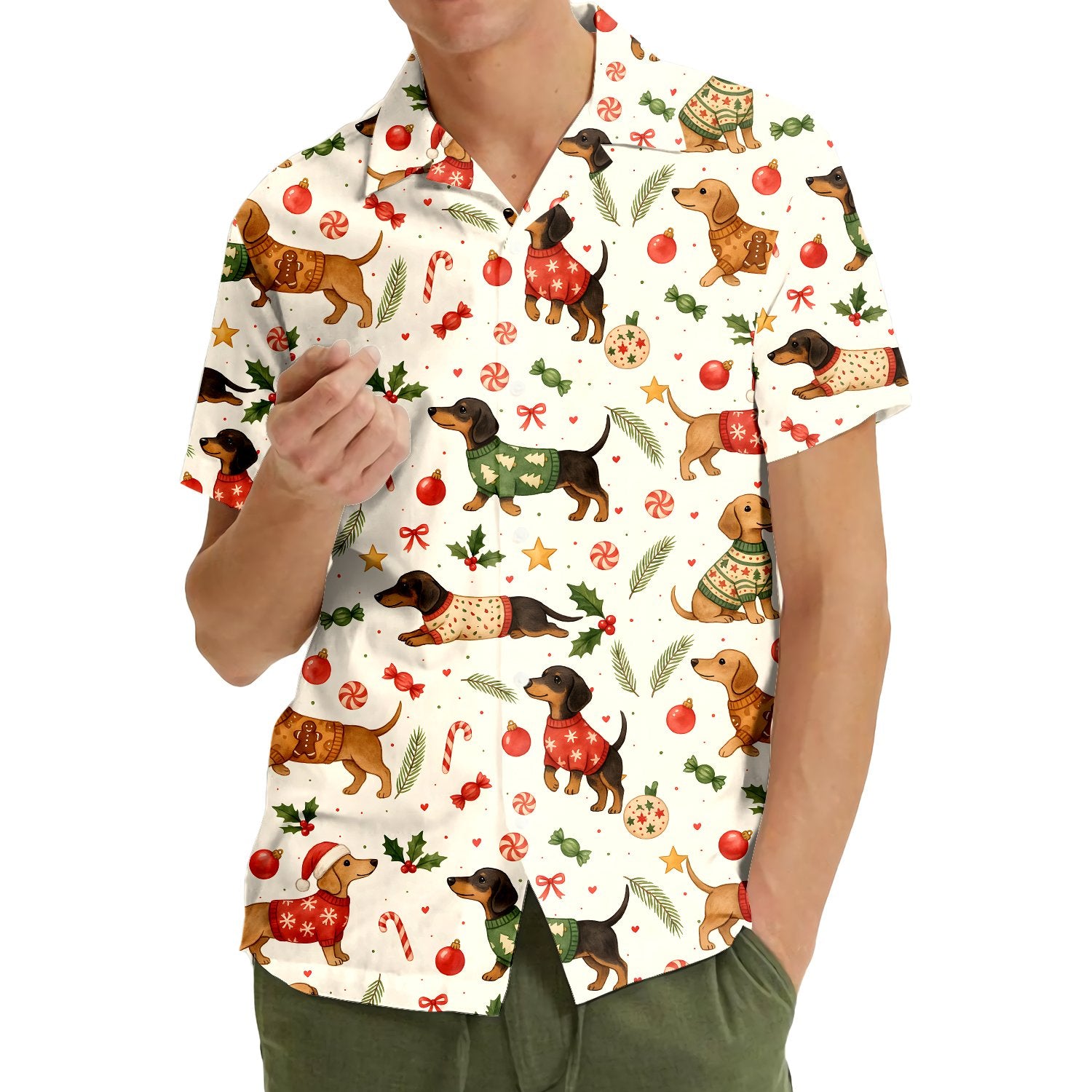 Another front view of the festive dachshund Hawaiian shirt