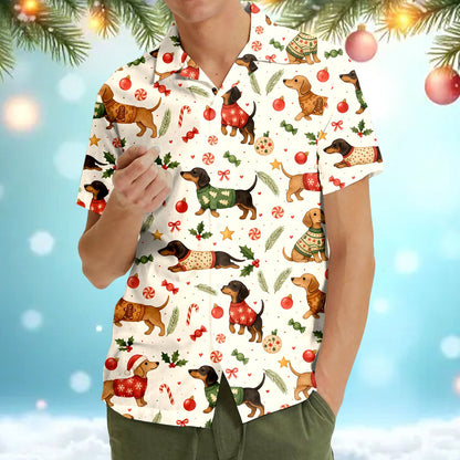 Additional front view of the holiday dachshund Hawaiian shirt