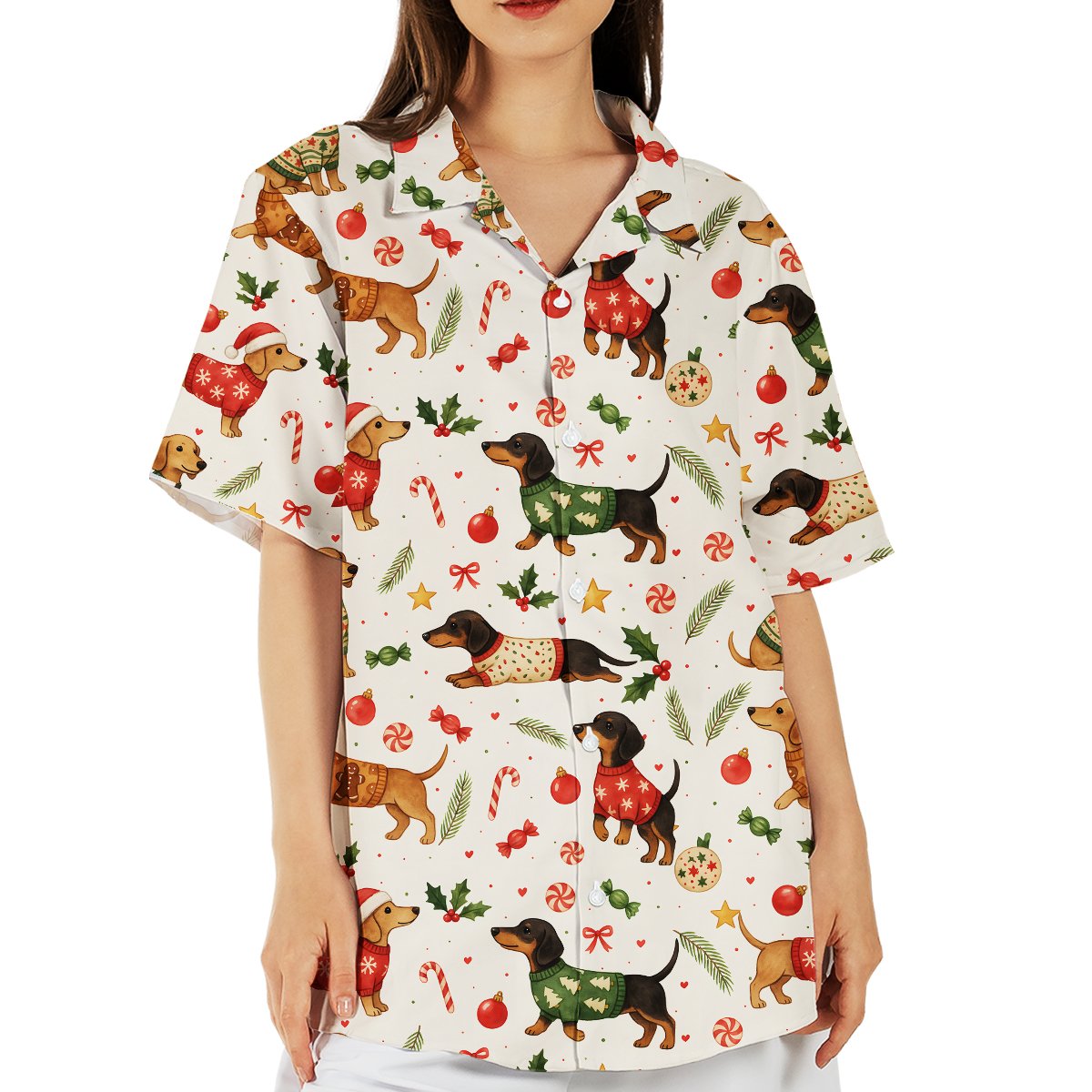 Detailed front view of the dachshund print Hawaiian shirt