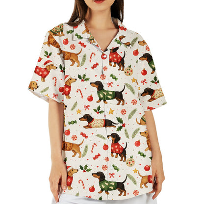 Detailed front view of the dachshund print Hawaiian shirt