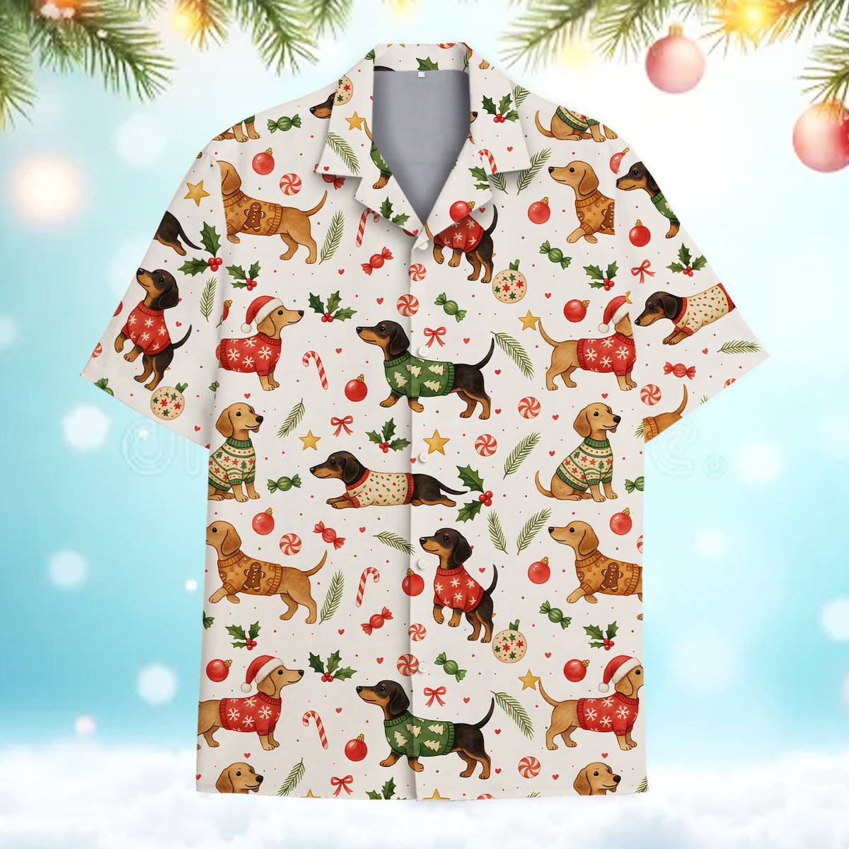 Front view showing the holiday pattern on the Hawaiian shirt