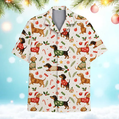 Front view showing the holiday pattern on the Hawaiian shirt