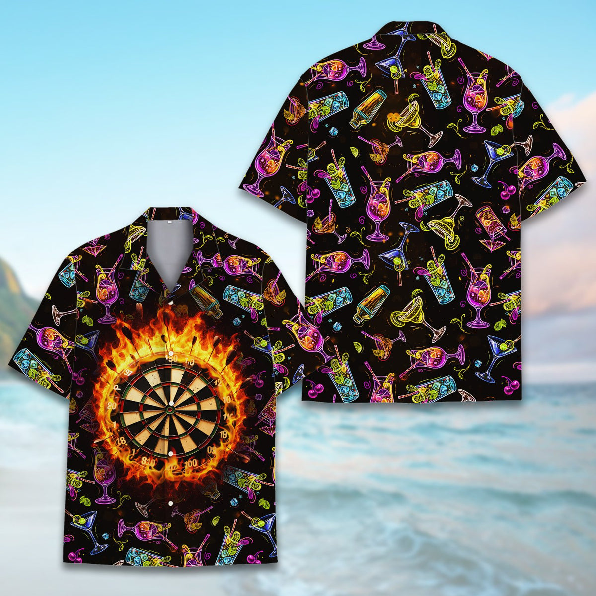 Close-up front view of the flaming dartboard design on the hawaiian shirt