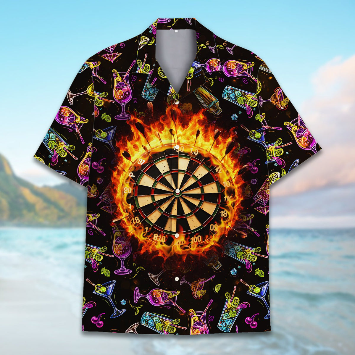 Detailed front view of the darts and cocktails hawaiian shirt