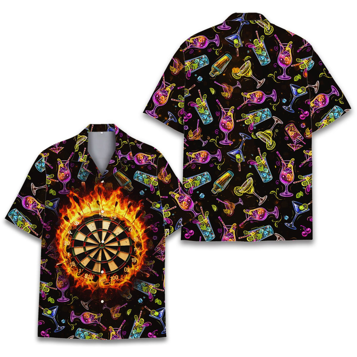 Front view of the black darts hawaiian shirt with neon drink pattern