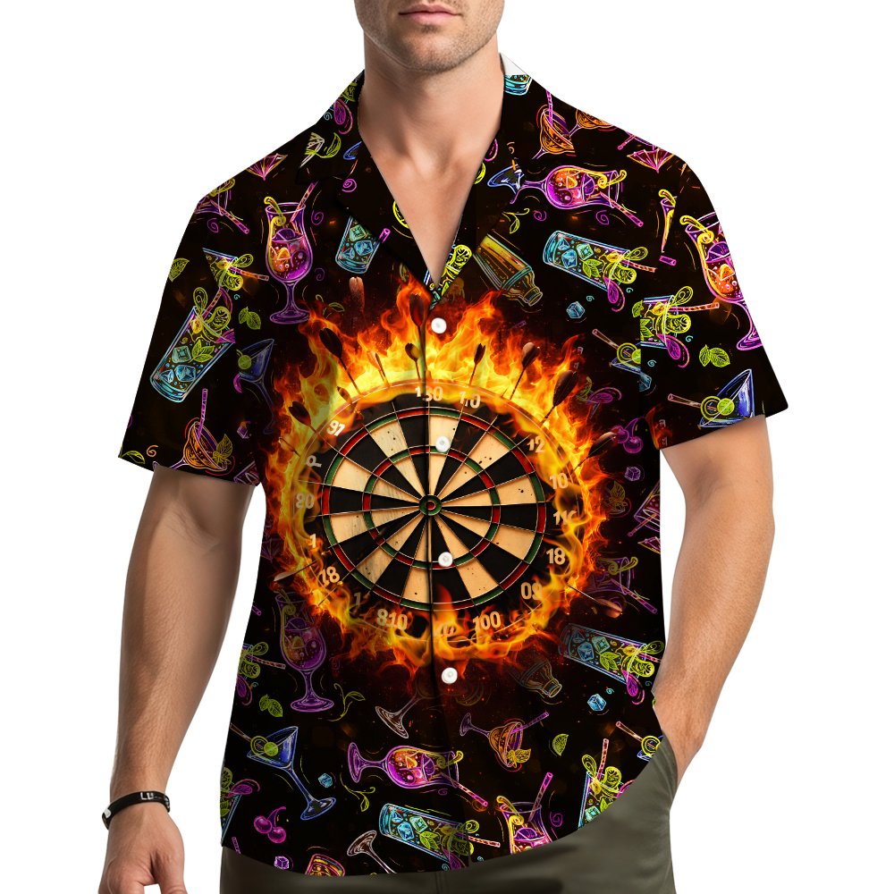 Lifestyle view of a person wearing the darts and cocktails hawaiian shirt