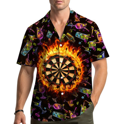 Lifestyle view of a person wearing the darts and cocktails hawaiian shirt