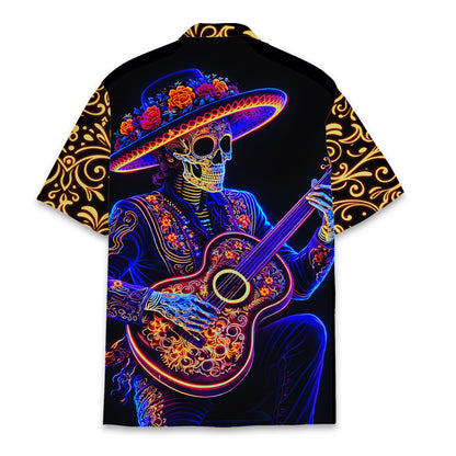 Back view of the matching family hawaiian shirt featuring glowing neon skeleton graphics