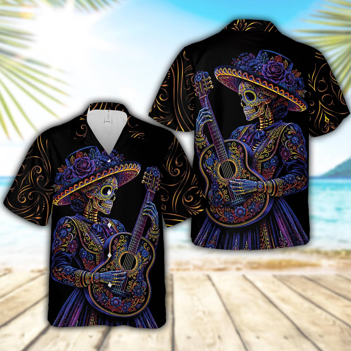 Black day hawaiian shirt with Day of the Dead skeleton guitarist design, main view