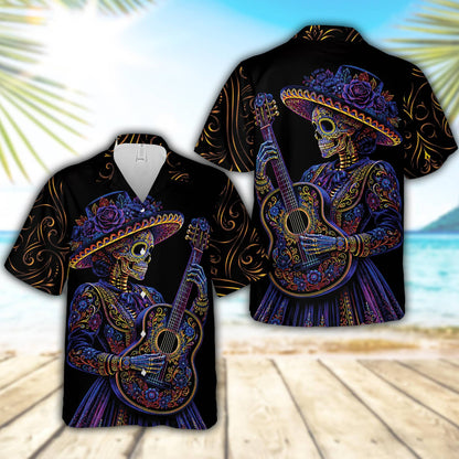 Black day hawaiian shirt with Day of the Dead skeleton guitarist design, main view