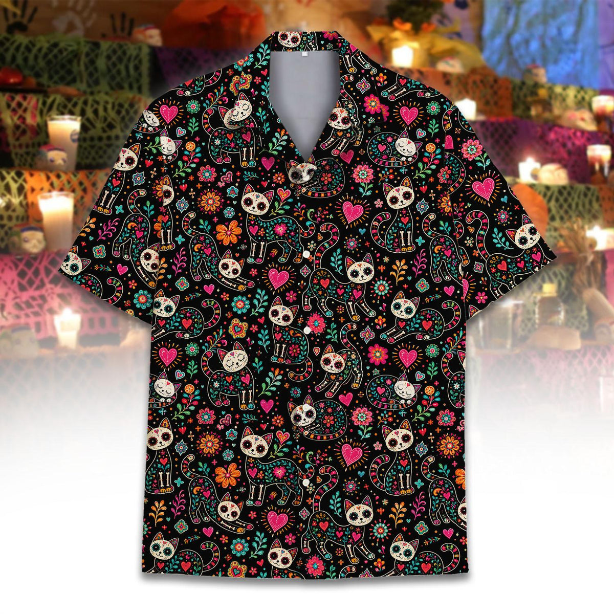 Another front view of the sugar skull cat Hawaiian shirt