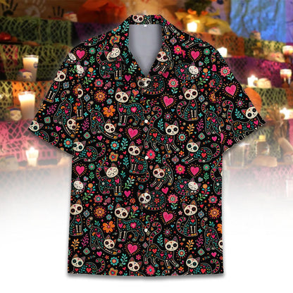 Another front view of the sugar skull cat Hawaiian shirt