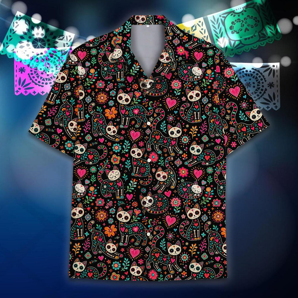 Front view of the Day of the Dead Hawaiian shirt featuring colorful florals