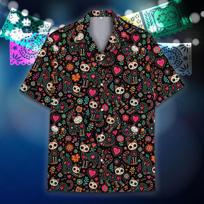 Front view of the Day of the Dead Hawaiian shirt featuring colorful florals