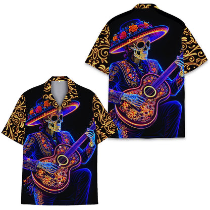 Close up front view of the Day of the Dead hawaiian shirt