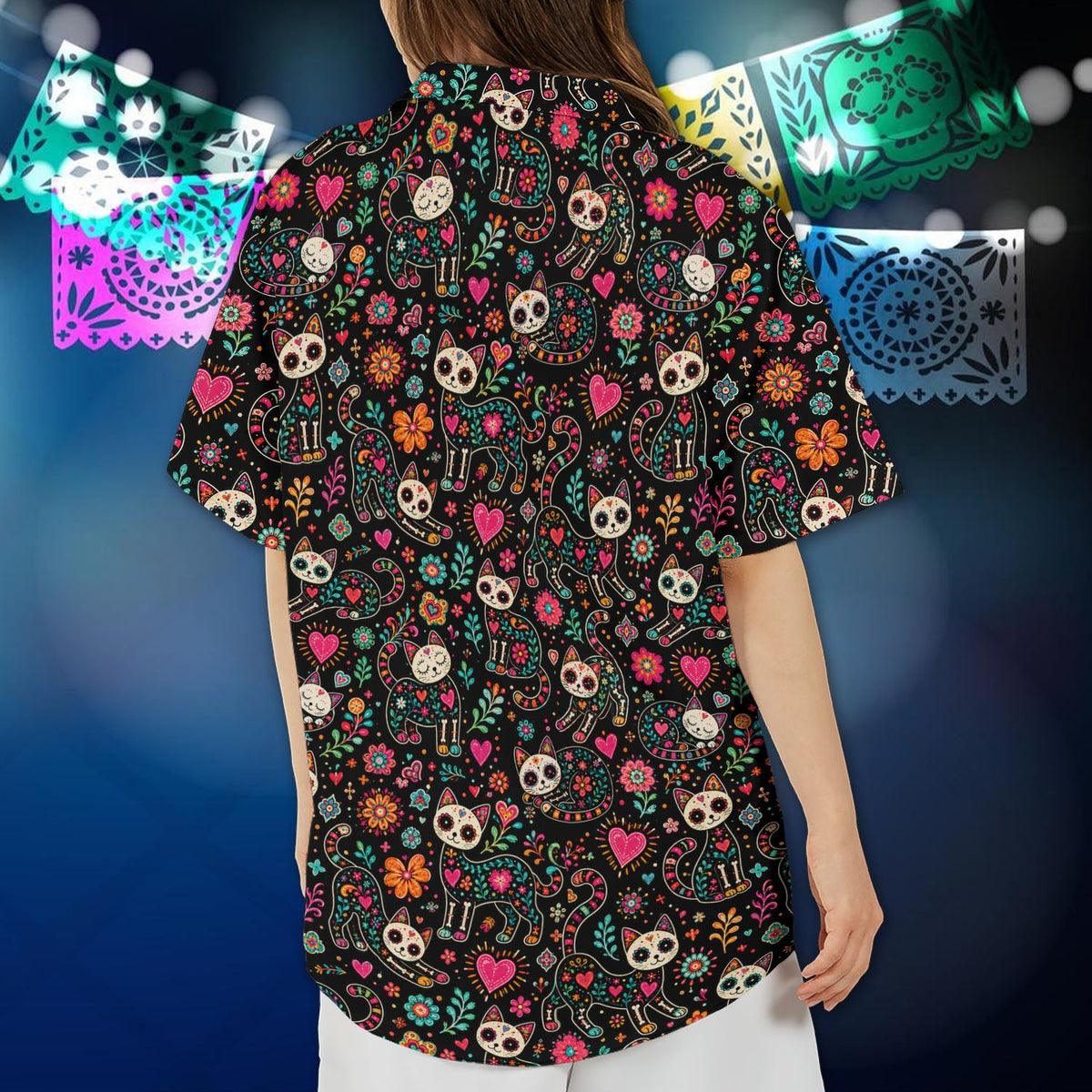 Third lifestyle view featuring the vibrant skull and floral pattern