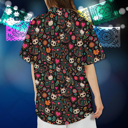 Third lifestyle view featuring the vibrant skull and floral pattern