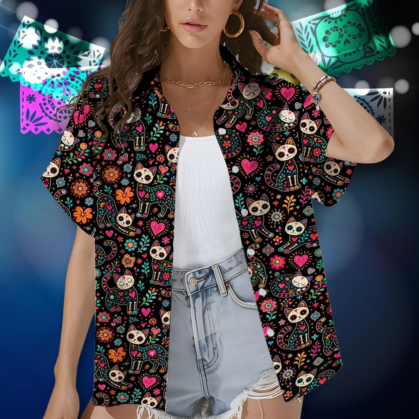 Fifth lifestyle view of the Day of the Dead Hawaiian shirt