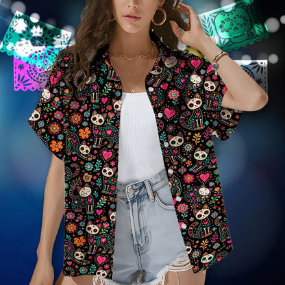 Fifth lifestyle view of the Day of the Dead Hawaiian shirt
