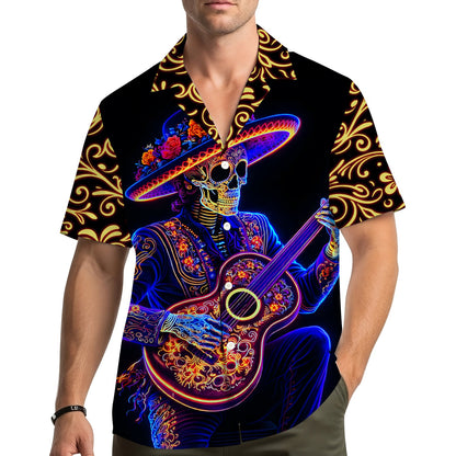 Lifestyle view of someone wearing the black neon skeleton hawaiian shirt