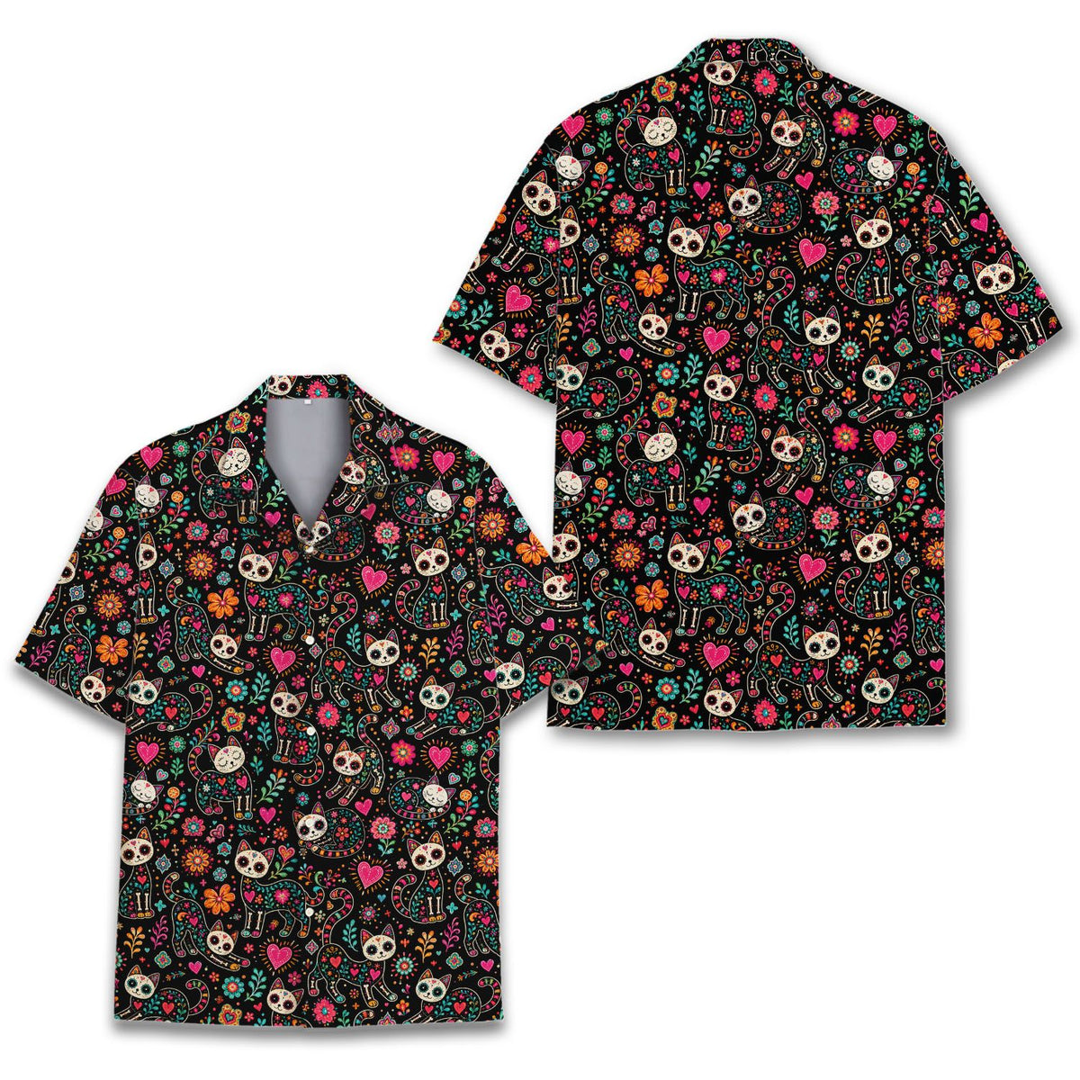 Detailed view of the dark background and colorful sugar skull cat design