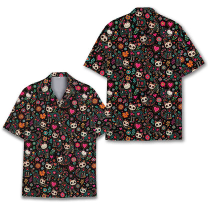 Detailed view of the dark background and colorful sugar skull cat design