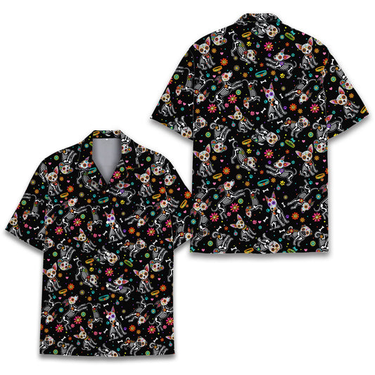 Matching family Hawaiian shirts with Day of the Dead dogs design, main view