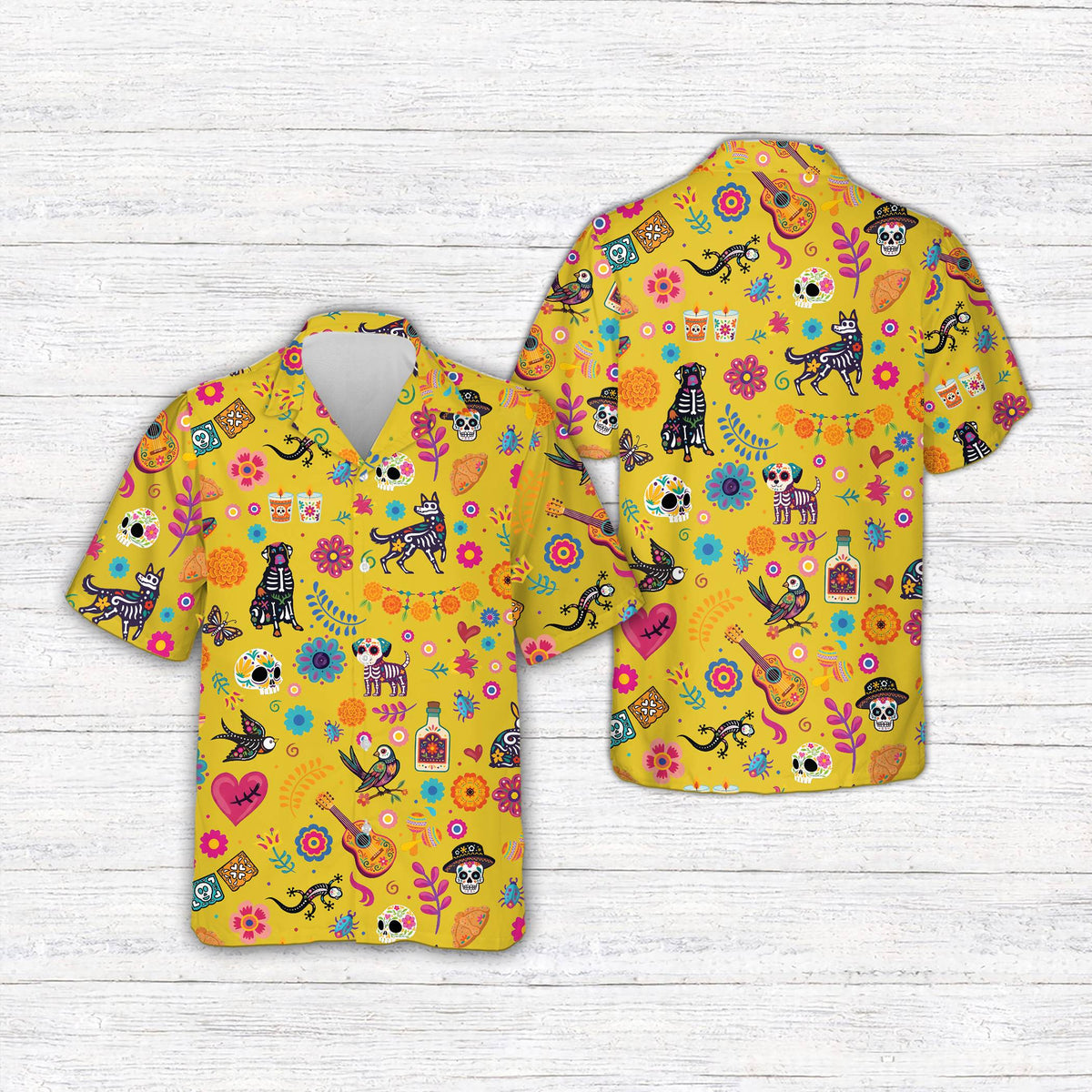 Front view of day of the dead hawaiian shirt with multicolor festive design