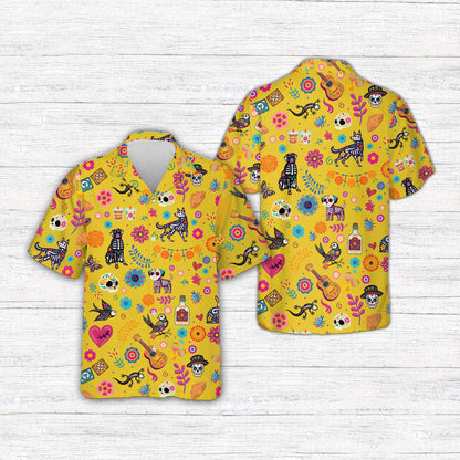 Front view of day of the dead hawaiian shirt with multicolor festive design