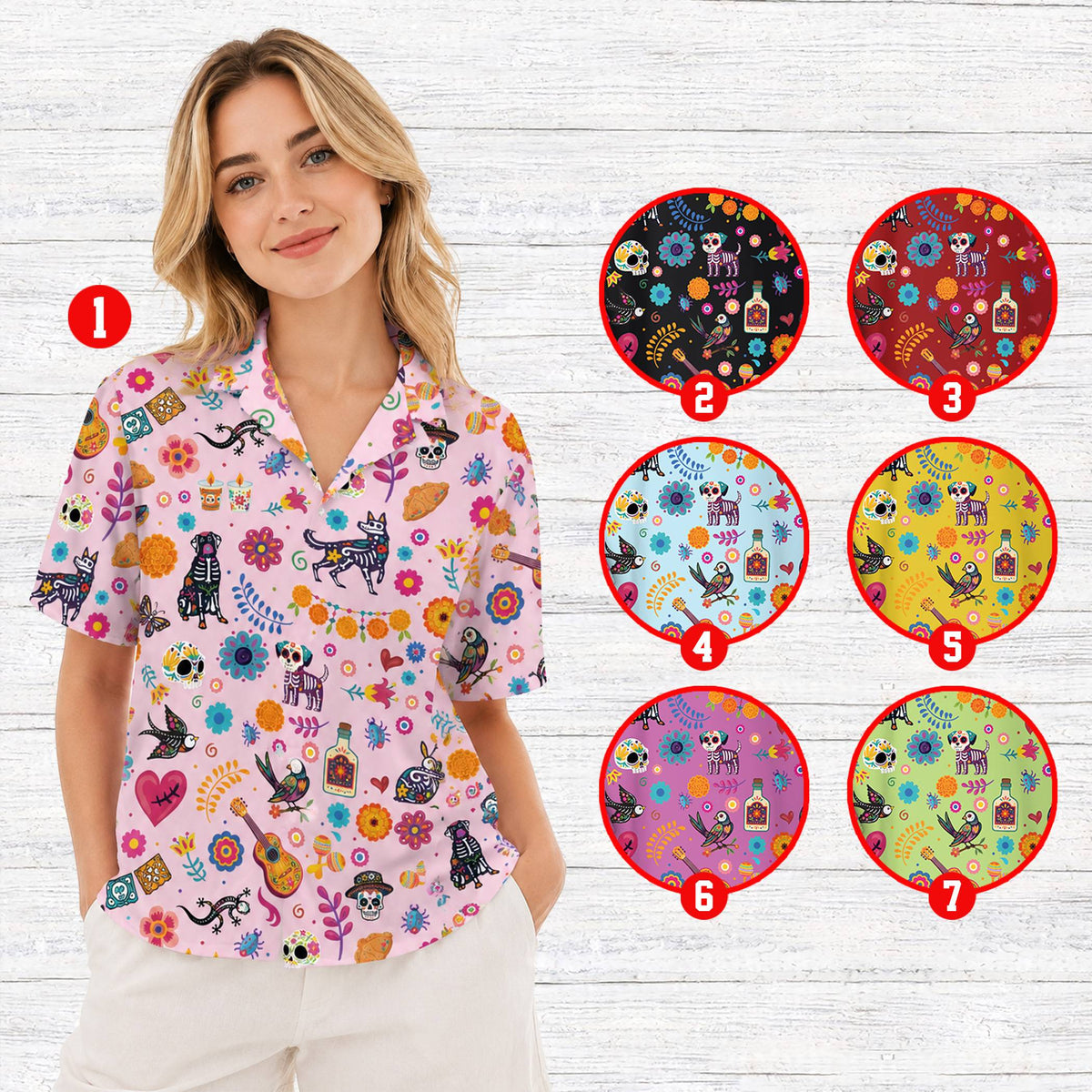 Matching family hawaiian shirts featuring vibrant Day of the Dead motifs