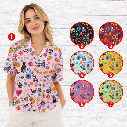 Matching family hawaiian shirts featuring vibrant Day of the Dead motifs
