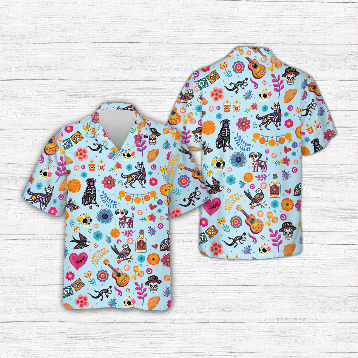 Front view of day of the dead family matching hawaiian shirt with guitars