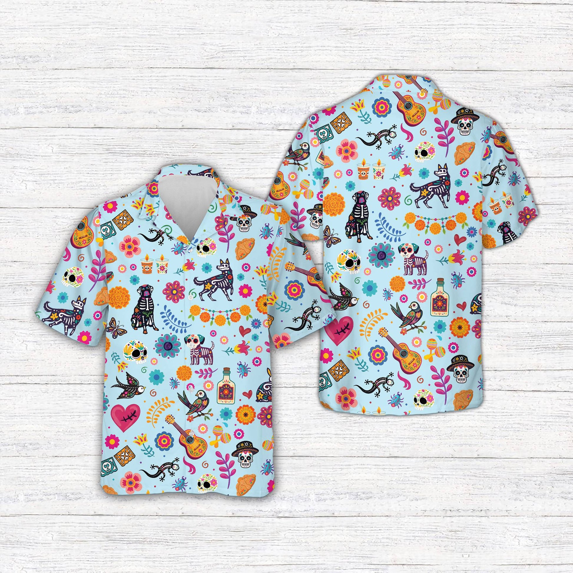 Front view of day of the dead family matching hawaiian shirt with guitars