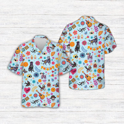 Front view of day of the dead family matching hawaiian shirt with guitars