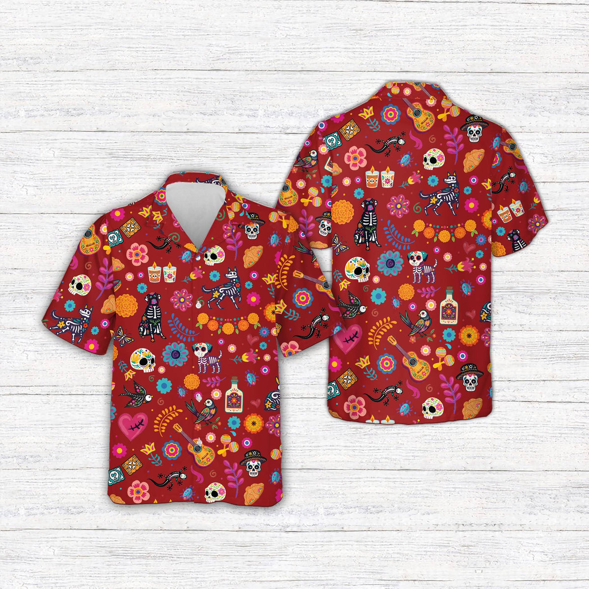 Front view of vibrant multicolor hawaiian shirt with sugar skulls